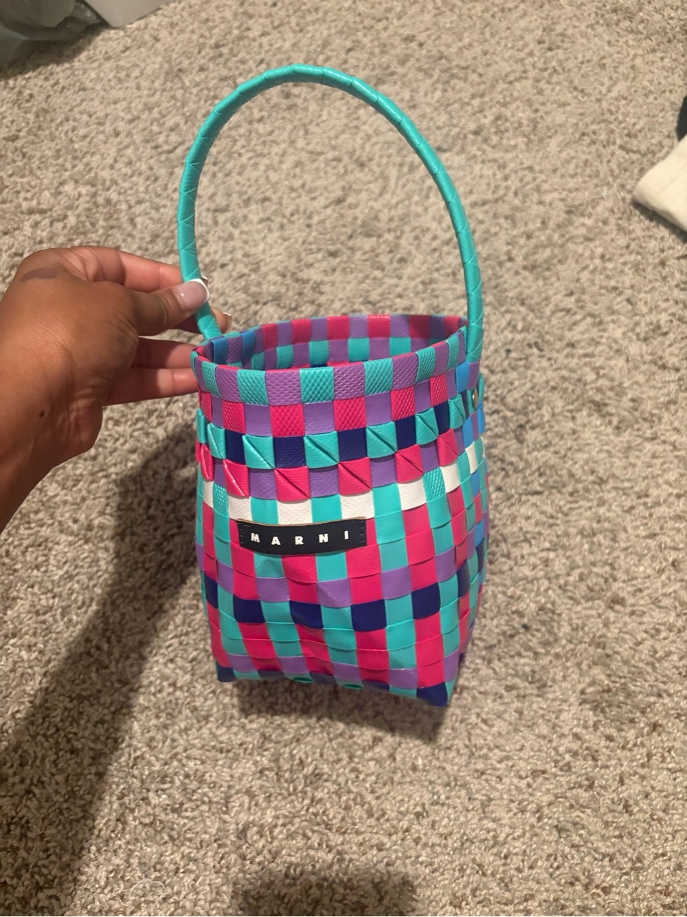 Marni Small Woven Bucket Bag in Turquoise, Pink, White, Navy